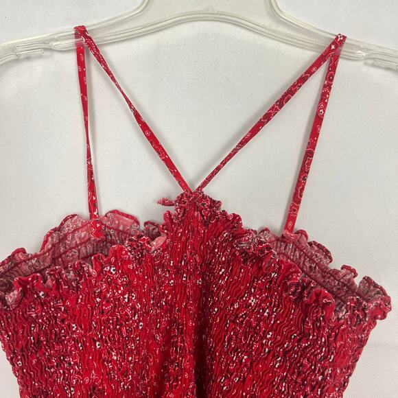 Women's Handkerchief Print Smocked Red Maxi Dress Size S/M - Picture 2 of 13